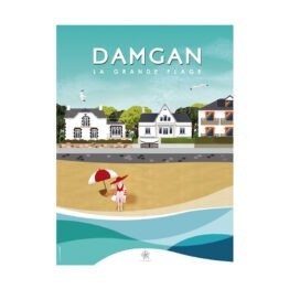 affiche la grande plage de Damgan vue de face sur fond blanc