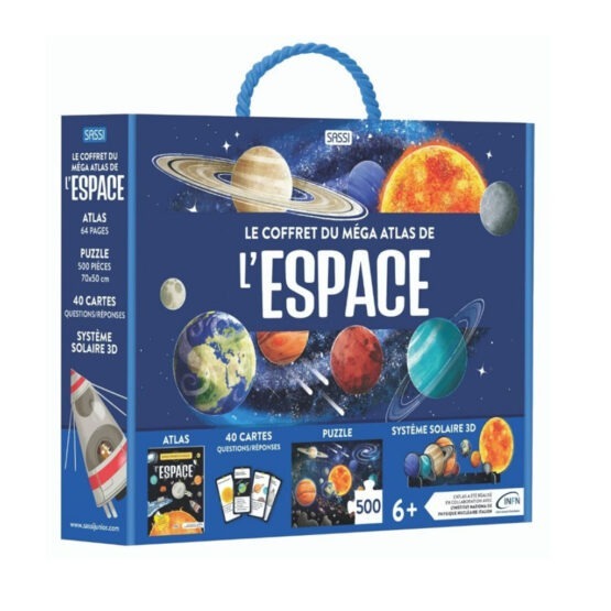 coffret du méga atlas de l'espace sassi sur fond blanc