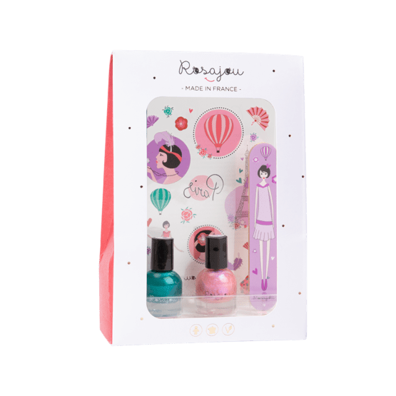 un coffret de deux vernis rose et vert nacré Rosajou, vue de face sur fond blanc