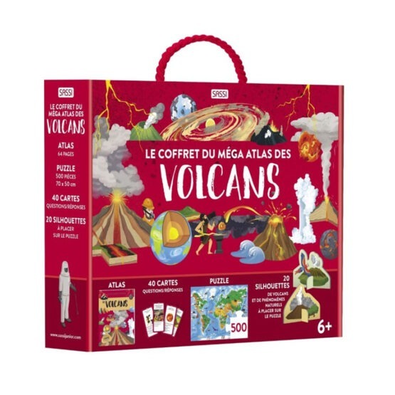 le coffret du méga atlas des volcans sassi sur fond blanc