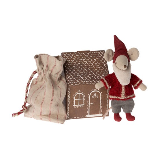 souris père noël avec maison et hotte