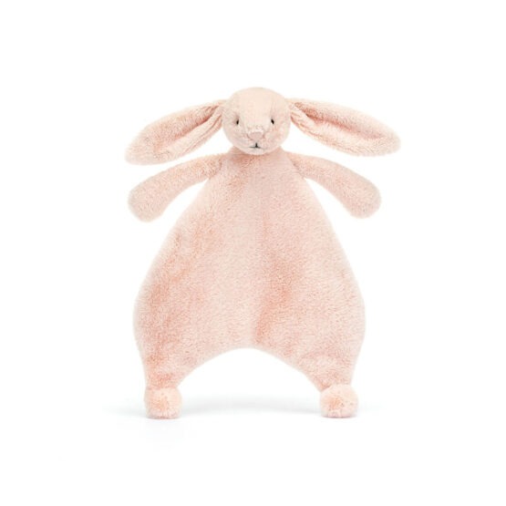 un doudou plat lapin rose Jellyact, vue de face sur fond blanc