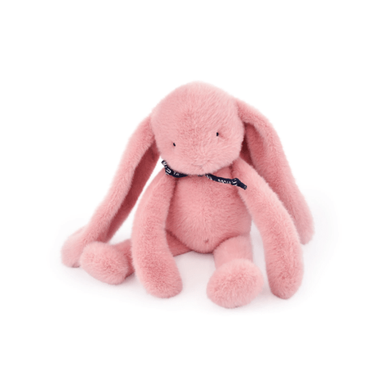 une peluche méloé lapin rose Maïlou, vue de face sur fond blanc