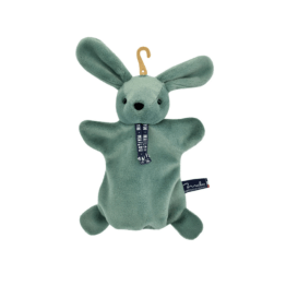 une marionnette lapin vert Maïloun, vue de face sur fond blanc