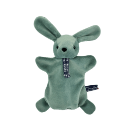 une marionnette lapin vert Maïloun, vue de face sur fond blanc