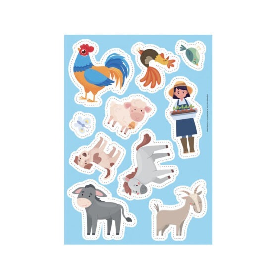 un jeu de 7 familles animaux de la ferme Sassi, planche de stickers vue de face sur fond blanc