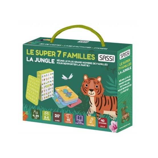 un jeu de 7 familles jungle Sassi, vue de face sur fond blanc