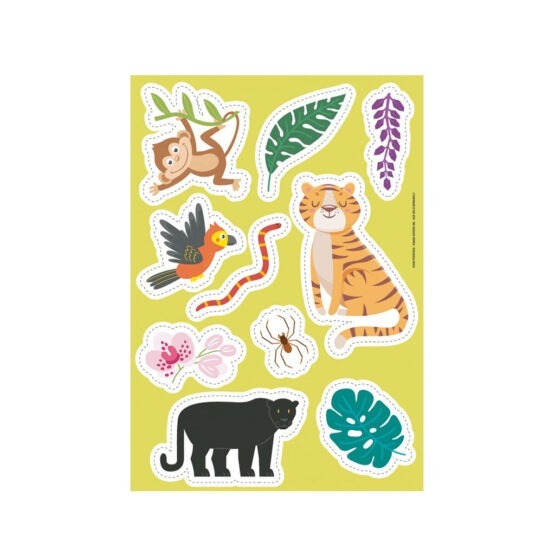 un jeu de 7 familles jungle Sassi, planche de stickers vue de face sur fond blanc