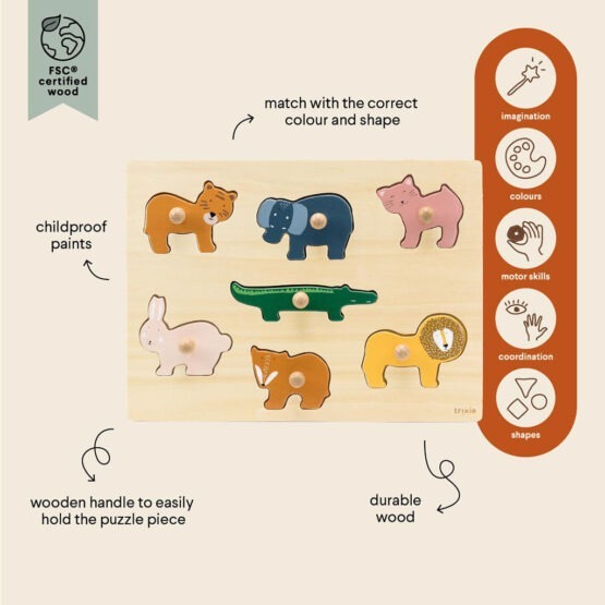 un puzzle animaux en bois Trixie, vue de face sur fond blanc