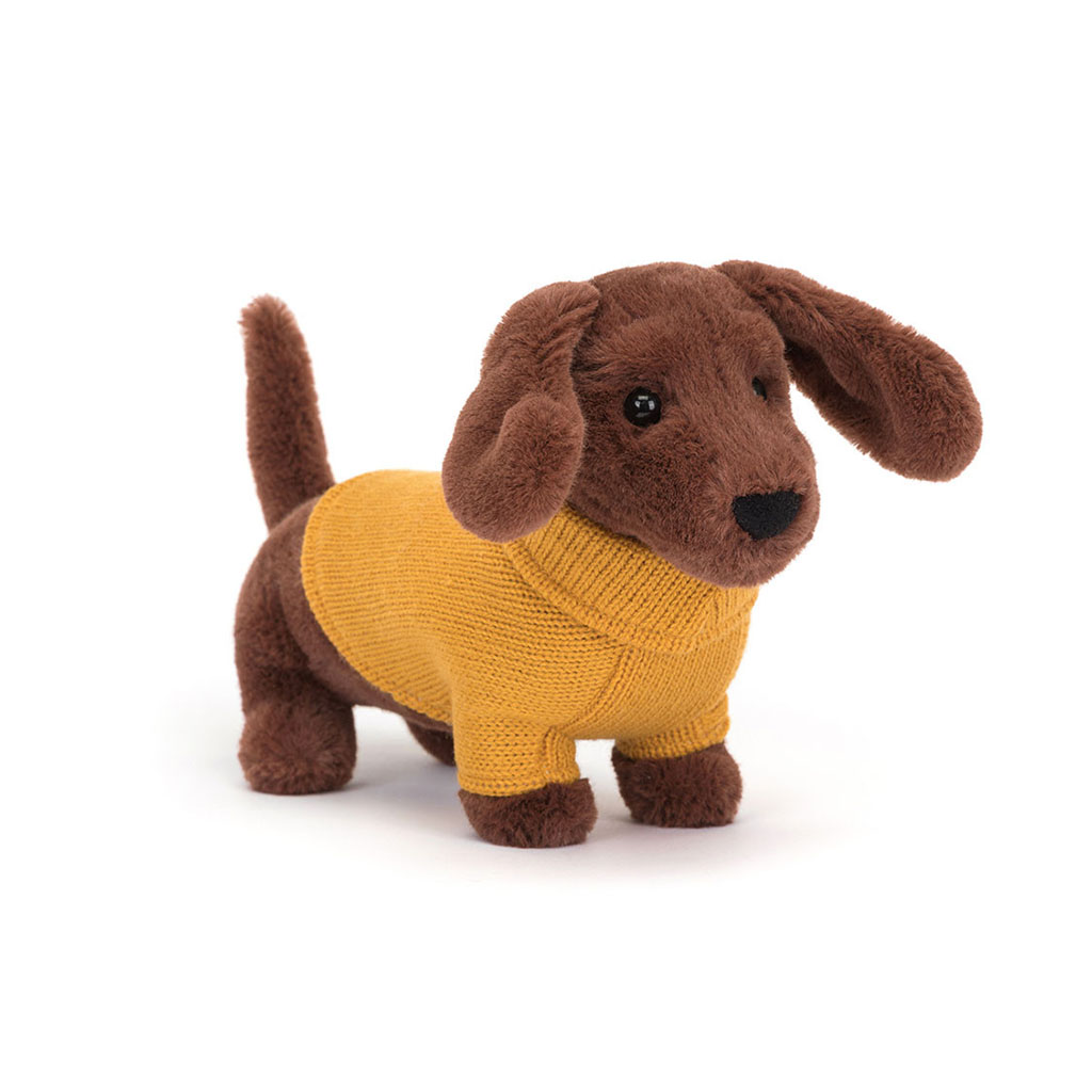 Doudou chien teckel avec sweat jaune jellycat | Magasin de jouets à Vannes