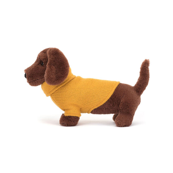 Doudou chien teckel avec sweat jaune jellycat | Magasin de jouets à Vannes