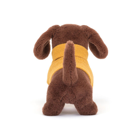 Doudou chien teckel avec sweat jaune jellycat | Magasin de jouets à Vannes