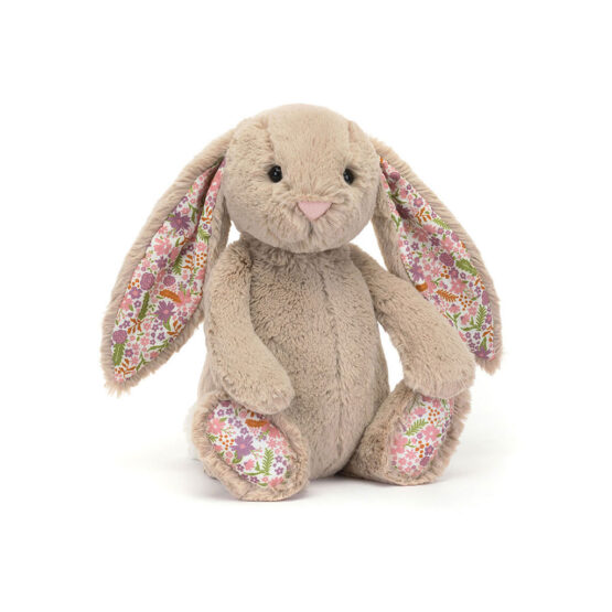 Doudou lapin moyen beige et oreilles fleuries jellycat