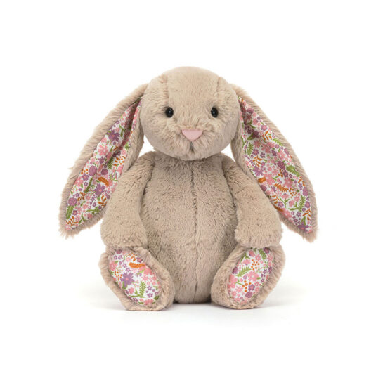 Doudou lapin moyen beige et oreilles fleuries jellycat