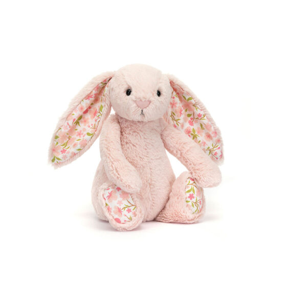 Doudou lapin rose pâle aux oreilles fleuries cherry jellycat