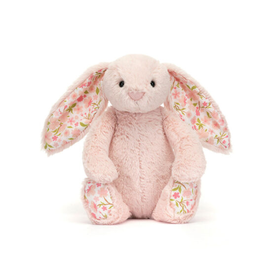 Doudou lapin rose pâle aux oreilles fleuries cherry jellycat